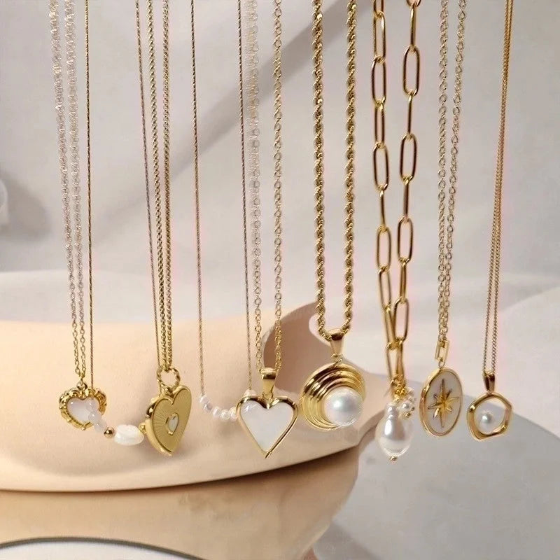 IG Style Round Oval Heart Shape 304 Stainless Steel Imitation Pearl Shell 18K Gold Plated Plating Inlay Pendant Necklace