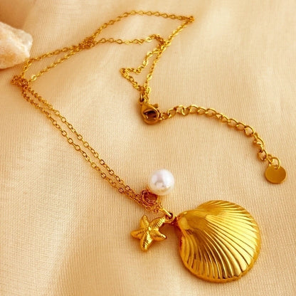 Elegant Beach Starfish Shell 304 Stainless Steel 18K Gold Plated Plating Pendant Necklace