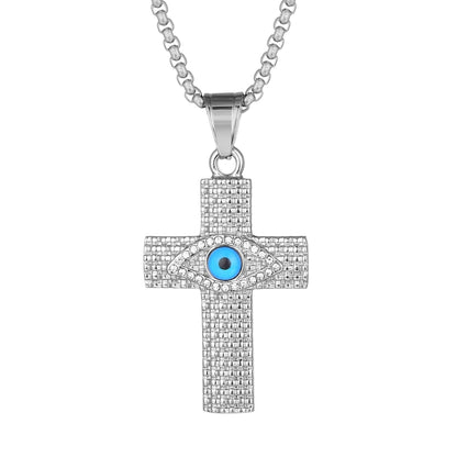 European And American Cross-Border Popular Hip Hop Hiphop Jewelry Titanium Steel Gold-Plated Diamond-Embedded Evil Eye Cross Pendant Necklace