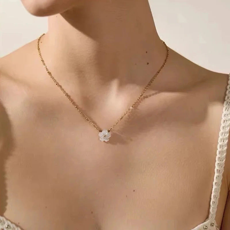 IG Style Elegant Sweet Flower 304 Stainless Steel Shell 18K Gold Plated Inlay Rings Earrings Necklace