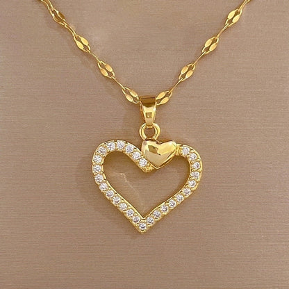 Fashion Heart Shape Titanium Steel Copper Inlay Zircon Pendant Necklace