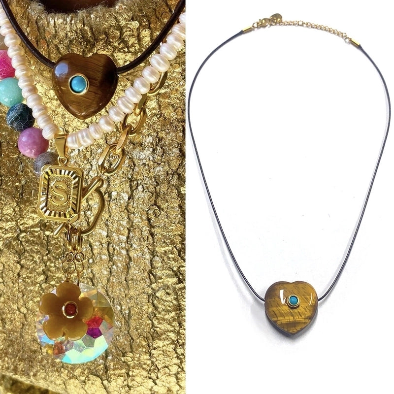 2 Pieces Minimalist Heart Shape Natural Stone Titanium Steel Pendant Necklace In Bulk