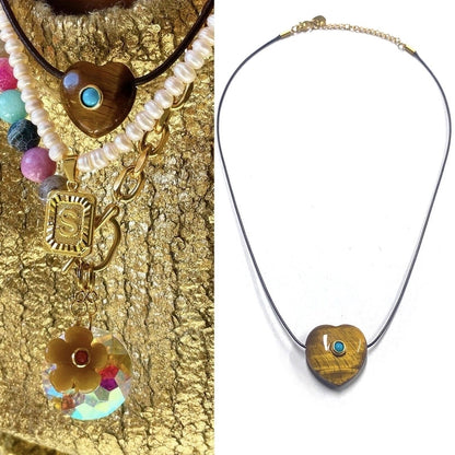 2 Pieces Minimalist Heart Shape Natural Stone Titanium Steel Pendant Necklace In Bulk