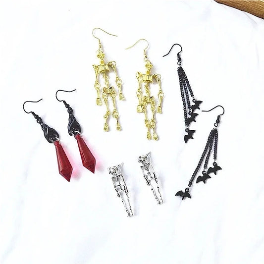 1 Pair Classical Vintage Style Funny Halloween Pattern Bat Skull Arylic Alloy Copper Drop Earrings
