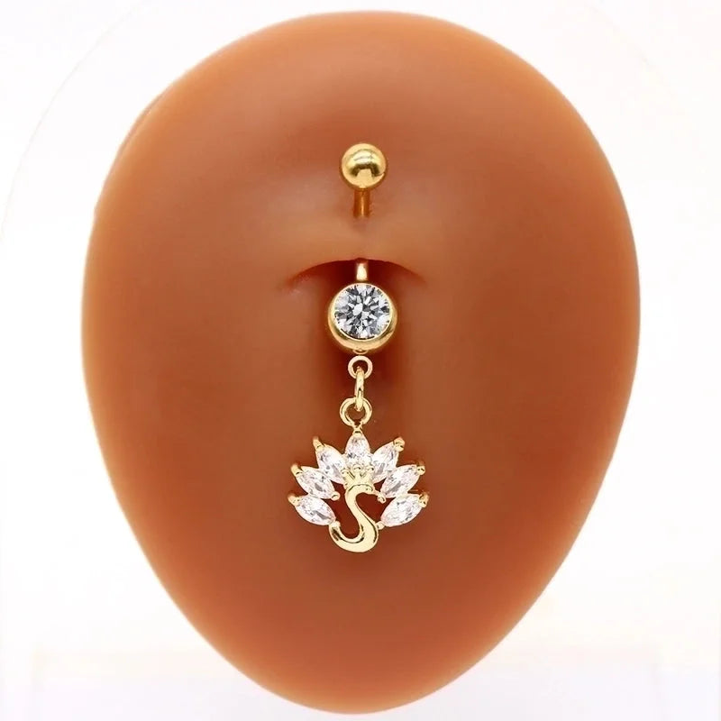 1 Piece Belly Rings Elegant Cute Shiny Rabbit Peacock Cat Stainless Steel Copper Hollow Out Inlay Rhinestones Zircon White Gold Plated Gold Plated