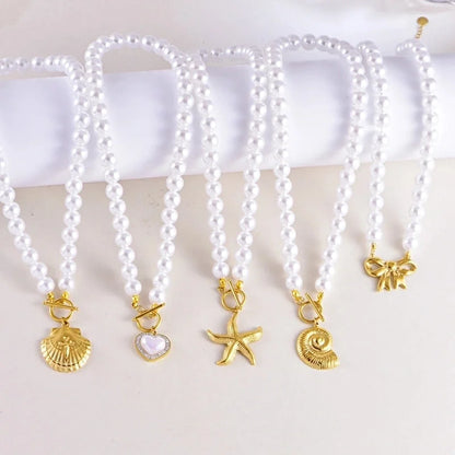 Sweet Minimalist Heart Shape Bow Knot Pearl Zircon Imitation Pearl Titanium Steel Necklace