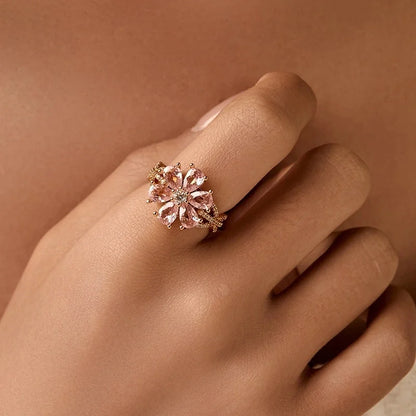 Copper 18K Gold Plated Inlay Semicircle Round Petal Zircon Open Rings