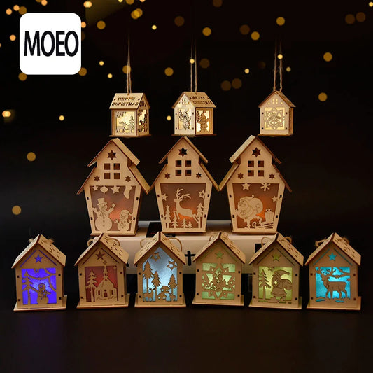2 Pieces Christmas Decoration Christmas Glowing Wooden House Snow House Tree Decoration Pendant Diy Gift Window Display Wooden