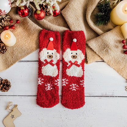 Autumn And Winter New Socks Women's Thickened Coral Velvet Christmas Socks Women's Mid-calf Floor Socks Three-dimensional Cartoon Sleep Socks