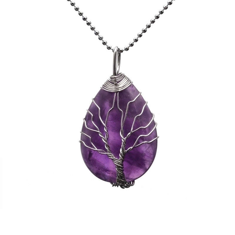 Retro Minimalist Tree Water Droplets Stainless Steel Natural Stone Agate Pendant Necklace In Bulk
