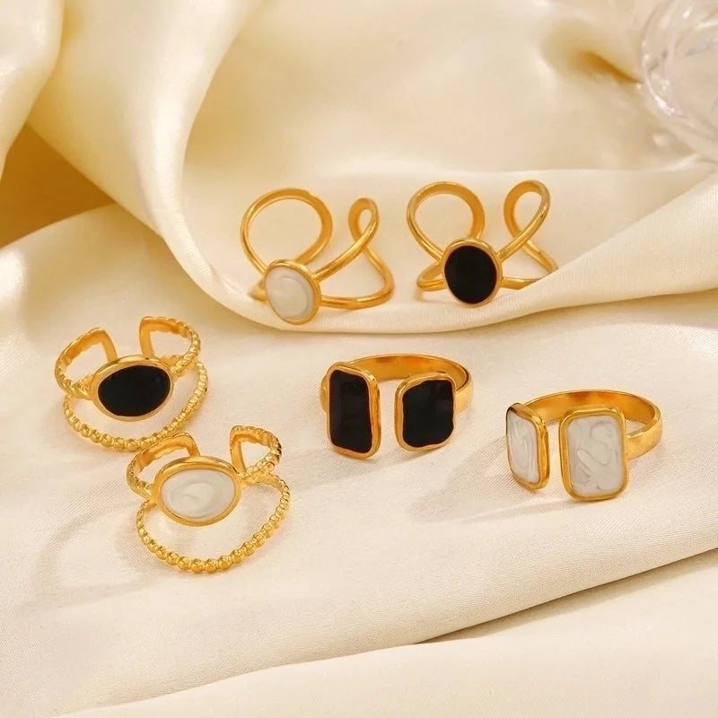 304 Stainless Steel 18K Gold Plated Minimalist Enamel Round Square Open Rings