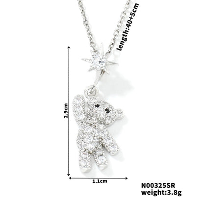 304 Stainless Steel Copper Rhodium Plated Inlay Bear Heart Shape Glass Zircon Pendant Necklace