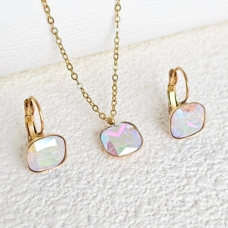 304 Stainless Steel Gold Plated Minimalist Shiny Inlay Square Zircon Jewelry Set