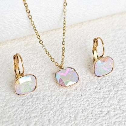 304 Stainless Steel Gold Plated Minimalist Shiny Inlay Square Zircon Jewelry Set