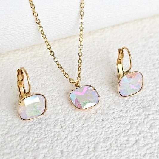 304 Stainless Steel Gold Plated Minimalist Shiny Inlay Square Zircon Jewelry Set