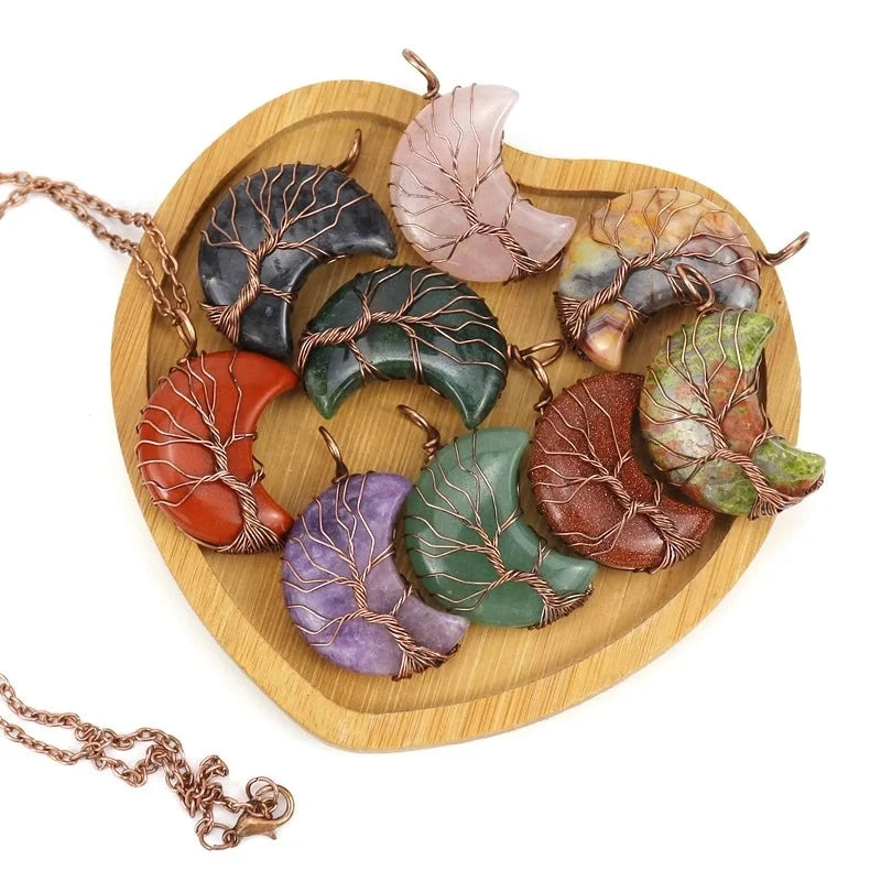 Minimalist Moon Tree Natural Stone Copper Pendant Necklace In Bulk