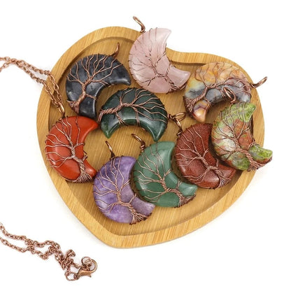 Minimalist Moon Tree Natural Stone Copper Pendant Necklace In Bulk