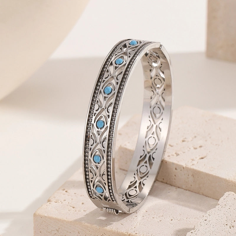 Handmade Minimalist Paisley Geometric Titanium Steel 18K Gold Plated Turquoise Bangle In Bulk