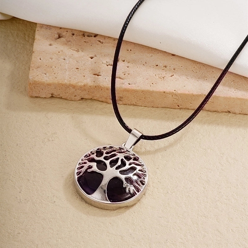 Ig Style Minimalist Round Tree Stainless Steel Natural Stone Leather Rope Inlay Natural Stone Pendant Necklace