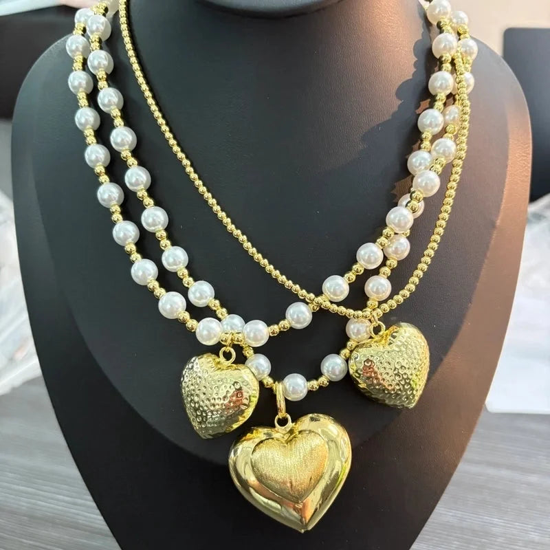 Sweet Classic Style Heart Shape Imitation Pearl Copper 18K Gold Plated Beaded Pendant Necklace