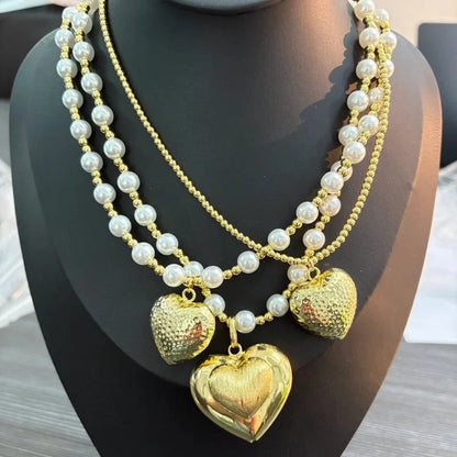 Sweet Classic Style Heart Shape Imitation Pearl Copper 18K Gold Plated Beaded Pendant Necklace