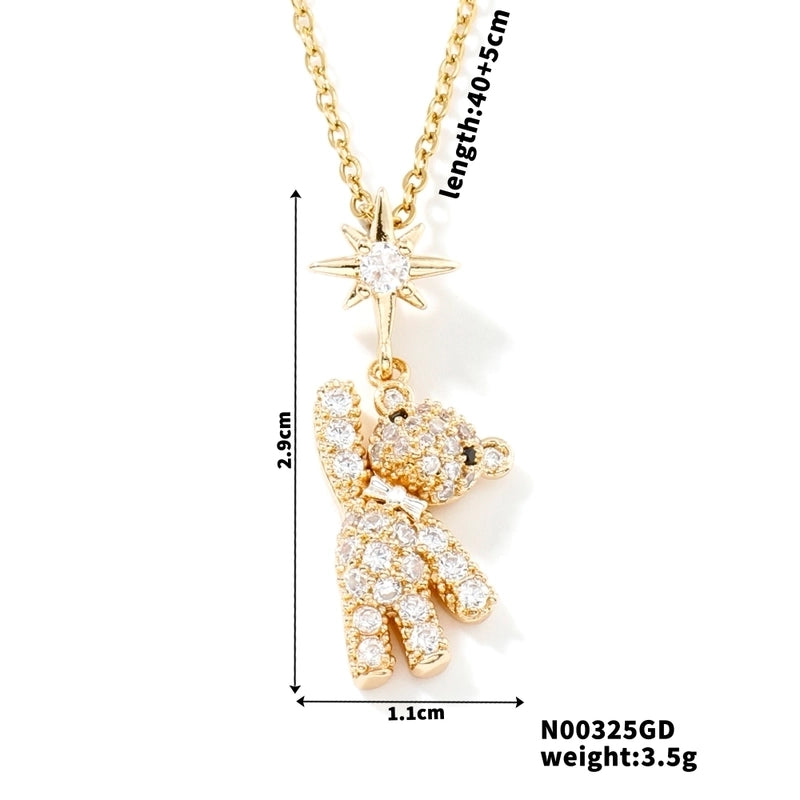 304 Stainless Steel Copper Rhodium Plated Inlay Bear Heart Shape Glass Zircon Pendant Necklace