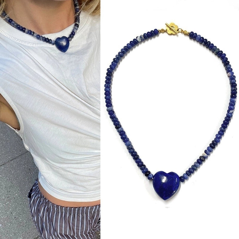 2 Pieces Minimalist Heart Shape Natural Stone Titanium Steel Pendant Necklace In Bulk