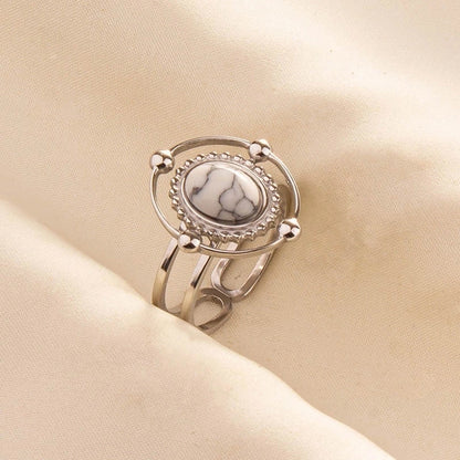 5 Pieces 304 Stainless Steel Retro Inlay Oval Artificial Gemstones Rings