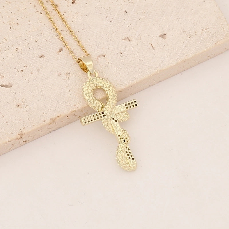 Commute Cross Copper Inlay 18K Gold Plated Zircon Pendant Necklace