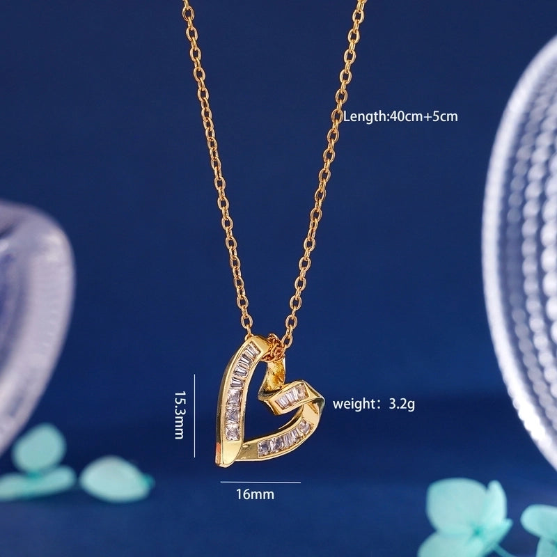 304 Stainless Steel Copper Inlay Heart Shape Zircon Pendant Necklace