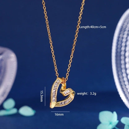 304 Stainless Steel Copper Inlay Heart Shape Zircon Pendant Necklace