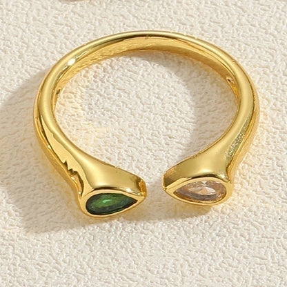 Elegant Minimalist Water Droplets Copper Plating Inlay Zircon 14k Gold Plated Open Rings