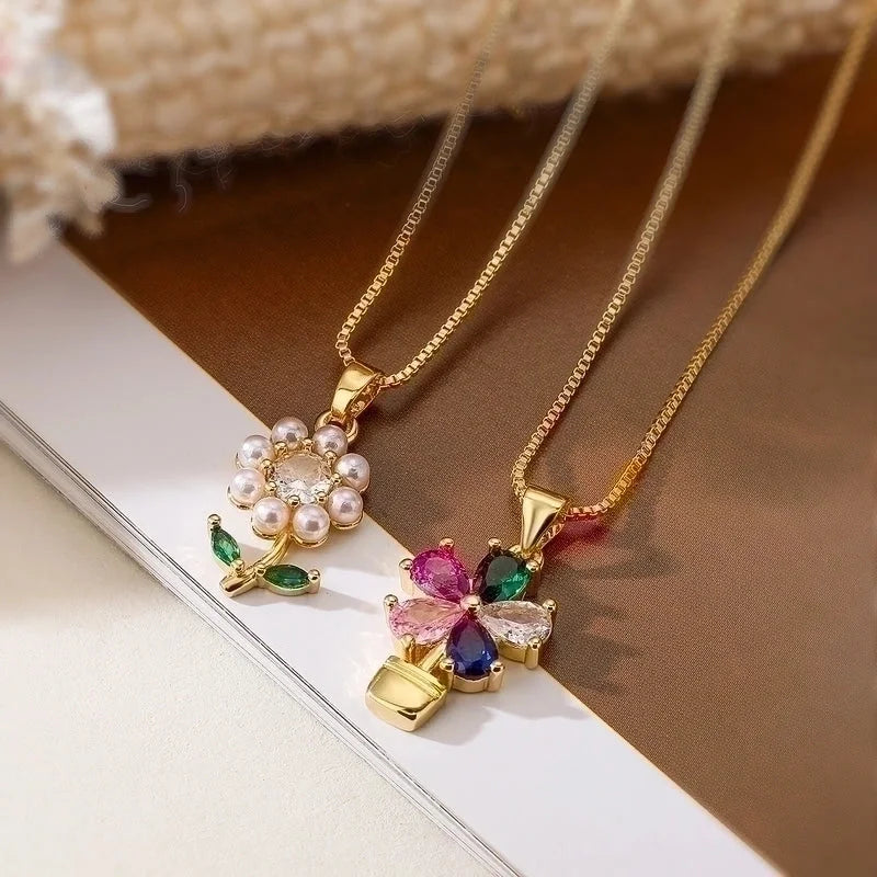 Elegant Basic Minimalist Flower Copper 18k Gold Plated Zircon Pendant Necklace In Bulk