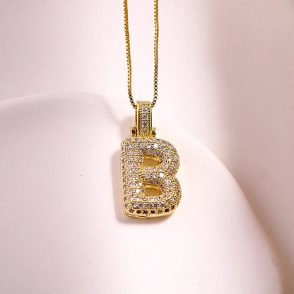 Vintage Style Letter Copper Plating Inlay Zircon 18k Gold Plated Pendant Necklace