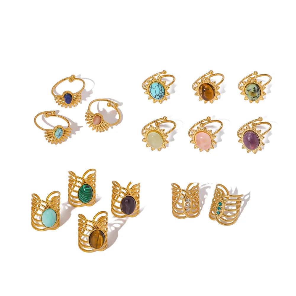 Open Ring IG Style Natural Stone Geometric Stainless Steel Electroplating Rings