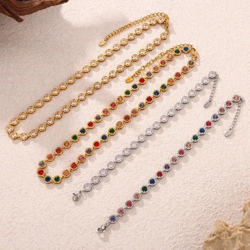 New Arrival Titanium Steel Full Diamond 3A Zircon Mixed Color Bracelet PVD Vacuum Electroplating Non-Fading Necklace Jewelry Suit