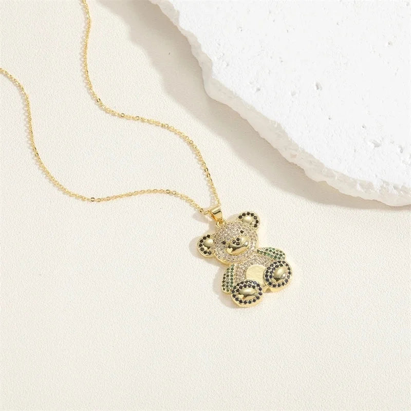 Minimalist Little Bear Brass Plating Inlay Zircon 14k Gold Plated Pendant Necklace