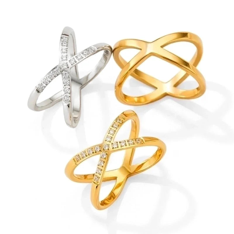 3 Pieces Fashion Solid Color 304 Stainless Steel Rhinestones 16K Gold Plated White Gold Plated Gold Plated Criss Cross Stainless Steel Rings