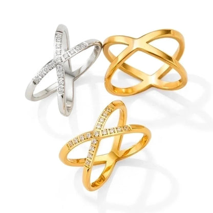 3 Pieces Fashion Solid Color 304 Stainless Steel Rhinestones 16K Gold Plated White Gold Plated Gold Plated Criss Cross Stainless Steel Rings