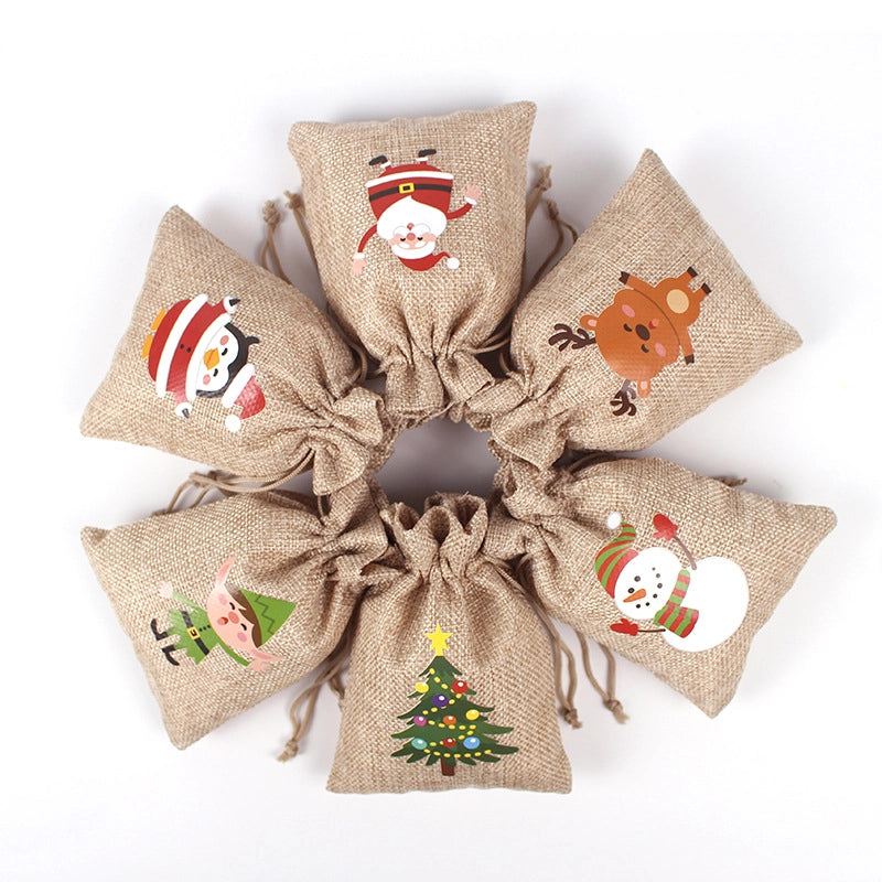 Christmas Bag Linen Drawstring Colorful Cartoon Gift Bag Amazon Christmas Suit 24 Candy Gift Bags