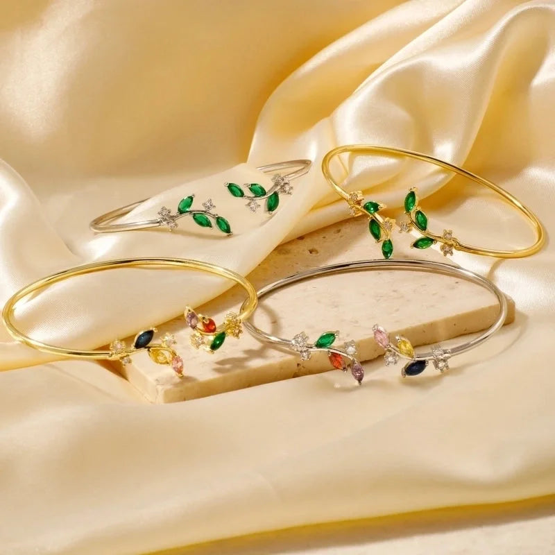 Copper K Gold Plated Shiny Metallic Inlay Geometric Leaf Zircon Bangle