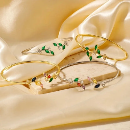 Copper K Gold Plated Shiny Metallic Inlay Geometric Leaf Zircon Bangle