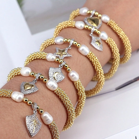 Elegant Vintage Style Star Moon Heart Shape 18K Gold Plated Zircon Artificial Pearl Copper Bracelets