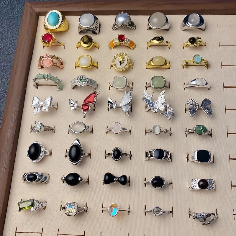 Copper Silver Plated Inlay Round Natural Stone Gem Rings