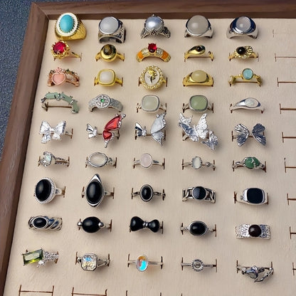 Copper Silver Plated Inlay Round Natural Stone Gem Rings