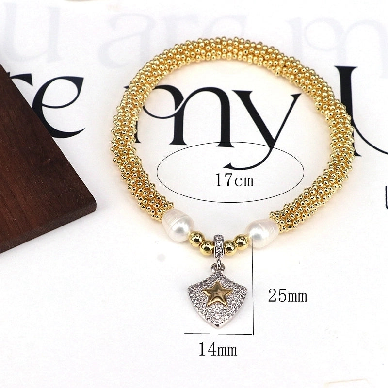 Elegant Vintage Style Star Moon Heart Shape 18K Gold Plated Zircon Artificial Pearl Copper Bracelets