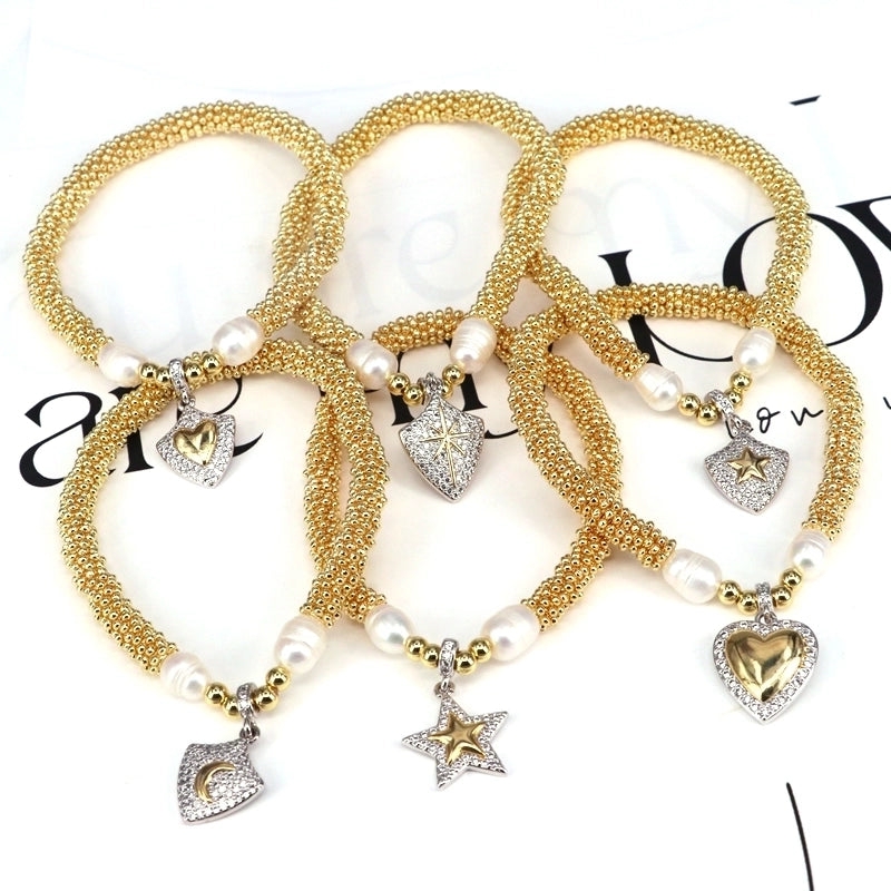 Elegant Vintage Style Star Moon Heart Shape 18K Gold Plated Zircon Artificial Pearl Copper Bracelets