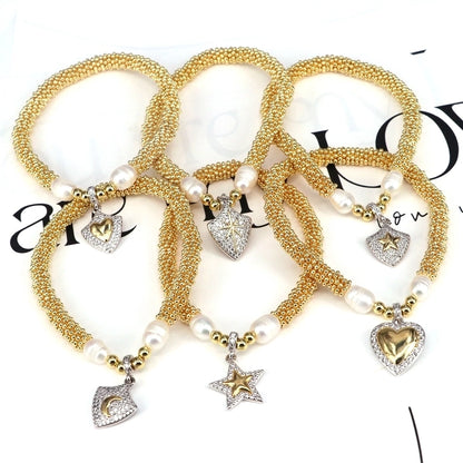 Elegant Vintage Style Star Moon Heart Shape 18K Gold Plated Zircon Artificial Pearl Copper Bracelets