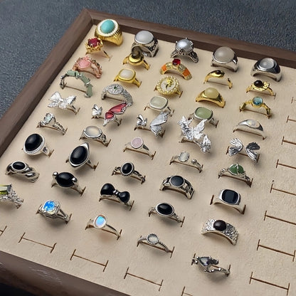 Copper Silver Plated Inlay Round Natural Stone Gem Rings