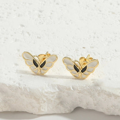 1 Pair Elegant Minimalist Commute Dragonfly Butterfly Enamel Inlay Copper Zircon 14K Gold Plated Ear Studs